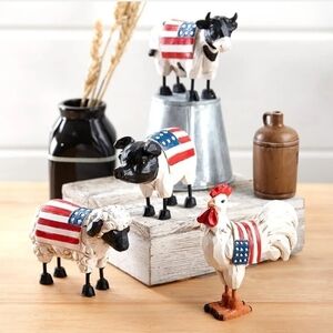 New 4 Piece Set Patriotic Farm Animals Decor Figurines, Chicken, Pig, Sh…